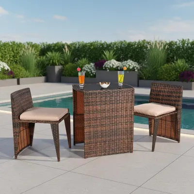 A patio set with two chairs and a table next to a swimming pool.