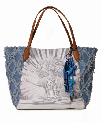 Produktbild von Handtasche Celestia Plus, Damenmodell, aus echtem Leder, in den Farben Blau und Off-White, mit ikonischem Print