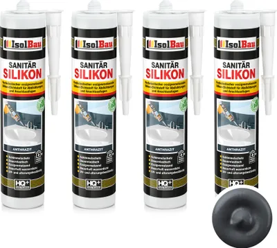 Produktbild von Isolbau Sanitär Silikon 4 x 300 ml Anthrazit - Hochelastischer Silikon-Dichtstoff für Abdichtungen & Fugen – Schimmelresistent, wasserdicht -  Kartusche