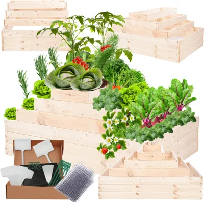 Produktbild von MODO24 Hochbeet Holz, Pflanzkasten, Massivholz, Kiefer, Kräuterbeet, Blumenkasten, Garten, Terrasse, 54x117x100 cm, Natur, ZP09