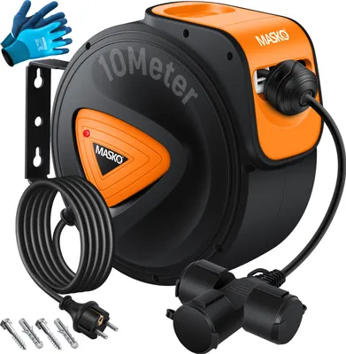 Produktbild von MASKO® Automatik Kabeltrommel Verlängerungskabel mit 3-Fach Anschluss 180° drehbar 1,5m Zuleitung Wandhalterung Werkstatt Kabelaufroller Automatisch Stromtrommel Schlauchaufroller Inkl. Handschuhe