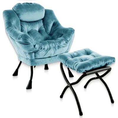 Productafbeelding van Comfortabele loungefauteuil met voetenbankje, fluweelstof, stevig metalen frame met antislipvoeten, eenvoudige montage, relaxfauteuil voor binnen