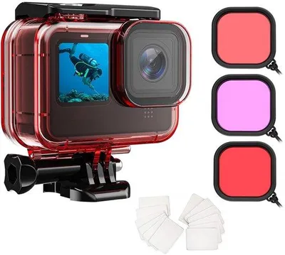 Obrázek produktu pro Podvodní sada pro GoPro Hero 13/12/11/10/9 s potápěčským filtrem, podvodní ochranou, sadou příslušenství a filtrem pro korekci barev – červený