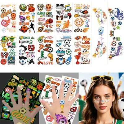 Immagine prodotto di Set di 12 tatuaggi a tema calcio - Tatuaggi temporanei - Tatuaggi fluorescenti - Per bambini - Adatti al viso - Multicolore