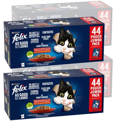 Produktbild von Felix Fantastic Nassfutter für Katzen, Landaromen in Gelee, 14,96 kg (176 x 85 g), Rind, Huhn, Ente, Lamm