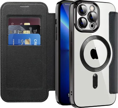 Produktbild von Klapphülle für iPhone 13 Pro Max Kompatibel mit Magsafe, Klar Überzug Kartenhalter Ledertasche mit Kameraschutz Schwarz