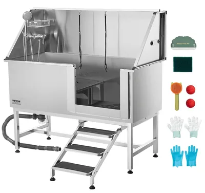 Imagen del producto de Estación de lavado para perros de acero inoxidable VEVOR, bañera para mascotas de 157,48 cm con rampa, placa de filtro de agua de PE, grifo, cabezal de ducha y dispensador de jabón. Bañera para perros apta para mascotas grandes, medianas y pequeñas (puerta izquierda), con escalones y puerta de apertura lateral derecha