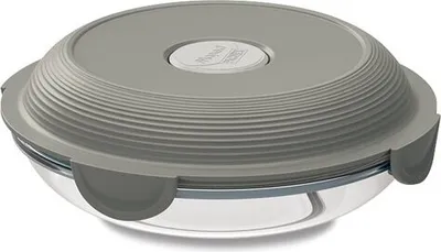 A round, clear glass food container with a ribbed gray lid and gray clips, shown from a diagonal angle.