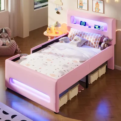 Produktbild von Polsterbett 90x200 cm Kinderbett mit LED-Beleuchtung & USB-Anschluss, Jugendbett Rosa mit Schublade, Stauraum & Aufbewahrungstasche, Stabiles Plattformbett inkl. Lattenrost, Kunstleder