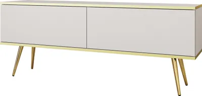 Image de Armoire TV Rodi - Meuble TV avec 2 abattants, pieds - Buffet TV 135 cm, salon, PUSH TO OPEN (blanc + or)