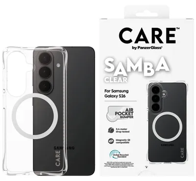 Obrázok produktu pre PanzerGlass CARE™ by ® Samba Case Transparent w. White Qi Samsung Galaxy S26, Ochranný obal, Samsung, Samsung - Galaxy S26, 16 cm (6.3"), Priehľadná
