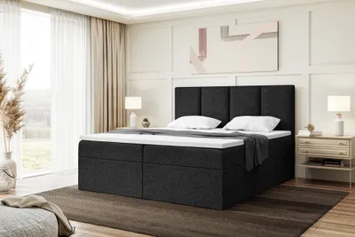 Produktbild von MEBLINI Boxspringbett mit Bettkasten - Gepolstert Doppelbett mit Matratze und Topper - Polsterbett mit Stauraum - Bett mit Kopfteil - Stauraumbett - CRISTIANO - 140x200 - H4/Schwarz Webstoff