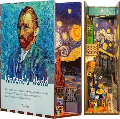 Immagine prodotto di Tonecheer Kit per la casa del libro fai da te Kit di puzzle in legno 3D per adulti, kit per la casa in miniatura con luce Kit per la casa del libro Kit per l'artigianato Regali personalizzati per donne e uomini (Mondo di Vincent)