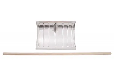 A snow shovel head and a wooden handle are laid out separately on a white background.
