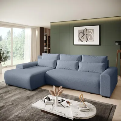 Produktbild von BEAUTYSOFA | Ecksofa BENNY L mit Schlaffunktion und Bettkasten, Bouckle Stoff in Blau – Ottomane links – Modernes Polstersofa