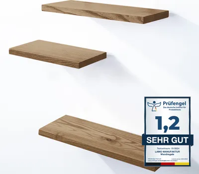 Produktbild von LAMO Manufaktur 3 Stück Wandregal aus Holz mit unsichtbarer Befestigung 42/36/30cm | Wandregal aus 100 % echtem Holz | Hängeregal für Wohnzimmer, Schlafzimmer | Wandregale SET 3 Gerade Farbe: Nussbaum