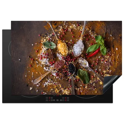 Produktbild von KitchenYeah© Herdabdeckplatte Gewürze - Kräuter - Löffel - Salz - Braun - Küche , 77x51cm, Küche Deko, Glaskeramikkochfeld Herdabdeckung, Abdeckplatte fùr Kochfeld