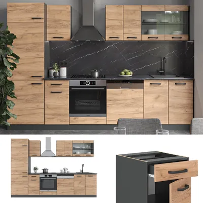 Obrázek produktu pro Kuchyňský kout Vicco R-Line Zlatý dub power/antracit 300 cm bez pracovní desky, Model 34936