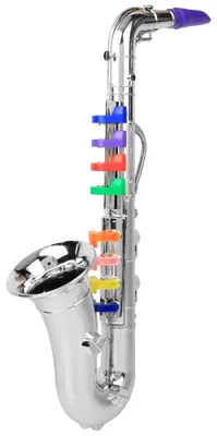 Image de Saxophone en plastique pour enfants, jouet miniature, instrument de musique, cadeau, couleur argent