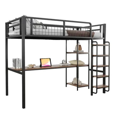 Produktbild von Metall-Hochbett, 90*200 cm, Sicherheitsleiter mit Treppenstufen, Einzelbett, Kinderbett mit Tisch und Regalen, Metallgitter-Sicherheitszaun, Schwarz