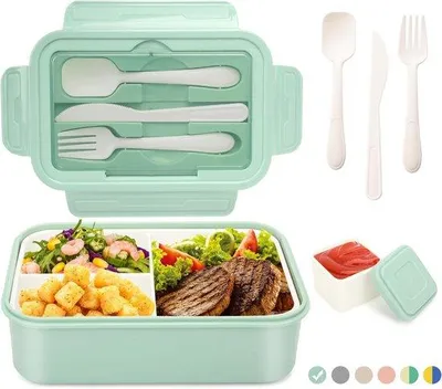 Produktbild von Famanu Lunchbox 1400 ml - 3 Fächer, inkl. Besteck, leichtgrün