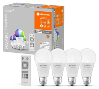 Productafbeelding van 4 x Ledvance LED Smart+ Birne A60 9W = 60W E27 matt 806lm RGBW 2700K-6500K Dimmbar App Google Alexa + Fernbedienung WiFi