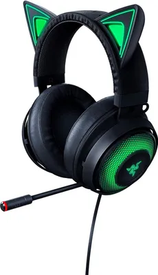 A pair of black Razer Kraken Kitty Edition gaming headphones with green illuminated cat ears and earcups, shown against a white background.