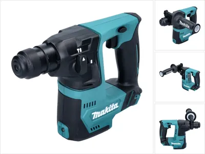 A cordless rotary hammer drill is shown from a side angle against a white background. There are also smaller inset images of the same product from different angles.