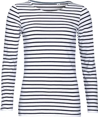 Produktbild von SOLS Damen Marine T-Shirt, gestreift, langärmlig PC2580 (L) (Weiß/Marineblau)