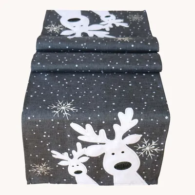 Produktbild von Tischwäsche Tischläufer Stickerei lustiger Elch Winter Weihnachten Deko 40 x 140 cm - dunkelgrau