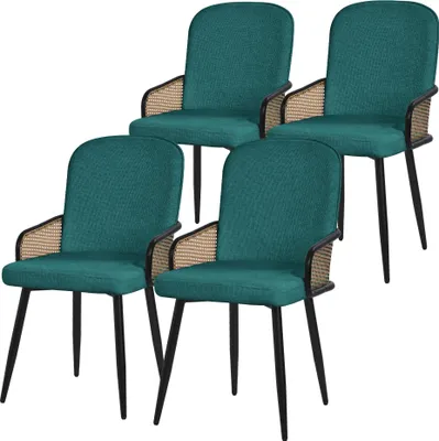 Produktbild von ML-Design Esszimmerstühle 4er Set Petrol Stoffbezug Küchenstuhl mit Rattan Optik-Armlehnen Gepolsterte Stühle mit Metallbeinen Sessel ergonomisch