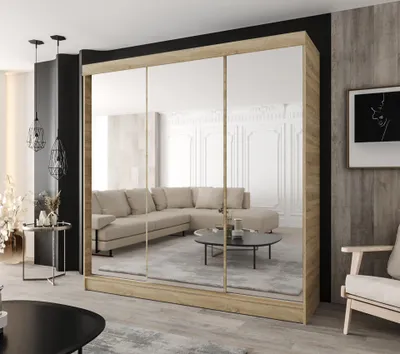 Produktbild von Schwebetürenschrank 3-türig Sonoma Eiche mit 3 Spiegeln und 4 Schubladen 240x205 cm – Moderner Kleiderschrank für Schlafzimmer und Flur