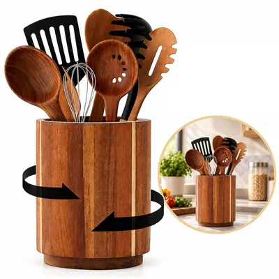 Produktbild von Küchenutensilienhalter aus Akazienholz, 360° drehbarer Utensilienhalter für die Arbeitsplatte, utensil holder