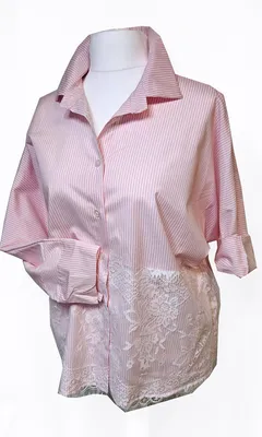 Produktbild von SAISON Bluse Spitze gestreift 40 / 42 Rosa Weiß langarm Hemdbluse Detail Frühling