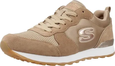A single tan Skechers sneaker is shown against a white background.