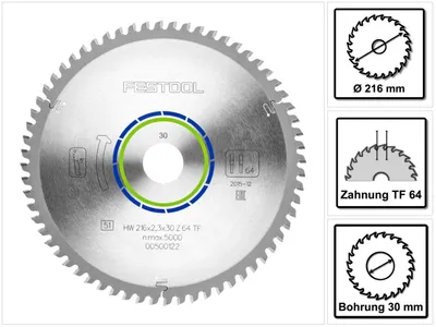 Productafbeelding van Festool speciaal cirkelzaagblad HW 216 x 30 x 2,3 mm TF64 216 mm 64 tanden ( 500122 )