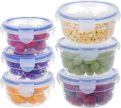 Obrázek produktu pro Sada 6 krabiček na jídlo s kulatými víčky, 600 ml a 300 ml, na salát, jogurt, ovoce, dezert, plastové krabičky, vhodné do mrazáku