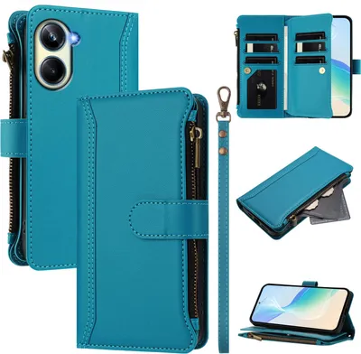 Image de Étui pour Realme 10 Pro, fermeture éclair, étui à rabat en cuirPolyuréthaneavec poches pour cartes, support et boucle pour la main Lake blue