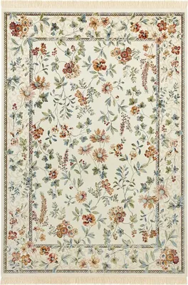 A top-down view of a floral rug.