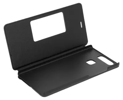 A black flip case for a smartphone, shown open.