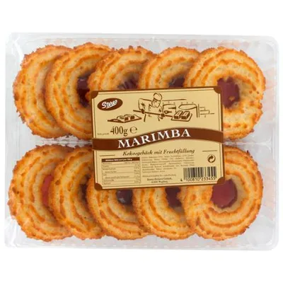 Produktbild von Stereo Marimbas Kokosgebäck mit Fruchtfüllung knusprig saftig süß 400g