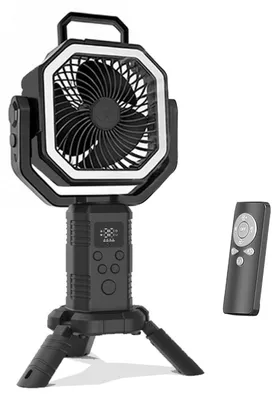 Produktbild von Camping-Ventilator mit Stativ, Fernbedienung, wiederaufladbarem Akku (20.000 mAh), LED-Licht und Solarpanel – Outdoor-Ventilator für Zelte, schwarz