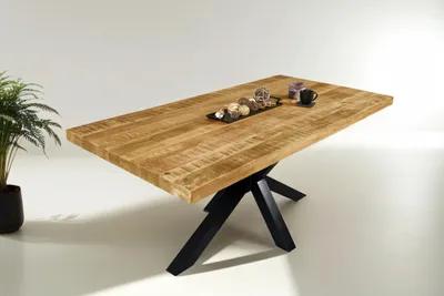 Produktbild von Esstisch 180 x 90 cm Libro, Mangoholz massiv & raue Oberfläche, Esszimmertisch mit Spider-Metallgestell in Schwarz, gerade Kante