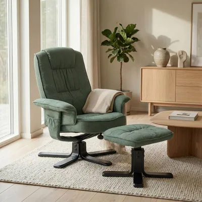 Produktbild von Relaxsessel CHARLY mit Hocker drehbar neigungsverstellbar dunkelgrün [Max. Belastbarkeit 100 kg] für Wohnzimmer, TV-Sessel Fernsehsessel mit Liegefunktion Polstersessel und Hocker