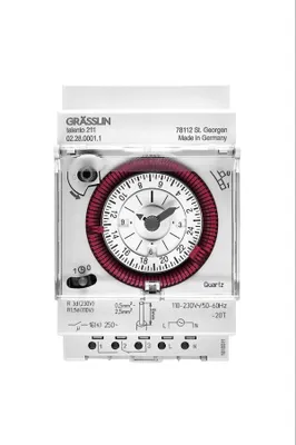 Image de GRÄSSLIN 02.28.0001.1 talento 211 - horloge programmable analogique avec programme journalier et 3 jours de réserve de marche I 1 canal I 3TE I Montage sur rail DIN I LED jusqu'à 180W I incandescent et halogène jusqu'à 1100W