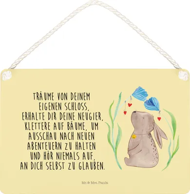 Produktbild von Mr. & Mrs. Panda Wandbild Holz Hase Blume DIN A5 - Gelb Pastell - Geschenk, wandtafel, Geburtstag, Schild, Kaninchen, holzbild, Ostern, Träume, kleine aufmerksamkeit