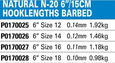 Immagine prodotto di 8x PRESTON NATURAL N-20 6" 15 cm con ardiglione - Terminale per pesca a mano, terminale da competizione, terminale per feeder #16 / Ø 0,11 mm / 1,18 kg