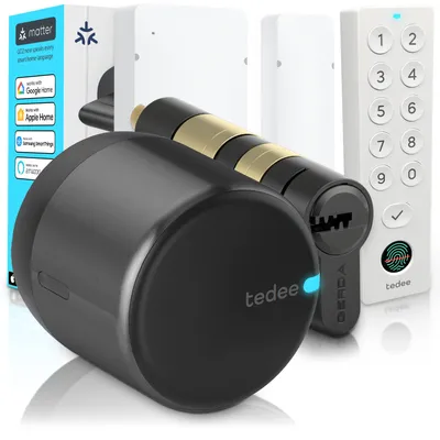 Obrázek produktu pro Tedee GO2 Alu s Keypad PRO, senzorem dveří a vložkou Gerda EXXO – Chytrý zámek, otisk prstu, třída 6, bezpečné zamykání, bezklíčový vstup, Matter