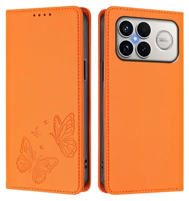 Image de Étui en cuir pour Xiaomi Poco F8 Ultra/Redmi K90 Pro Max, étui de protection type portefeuille en cuir gaufré « papillon » avec support, couleur orange