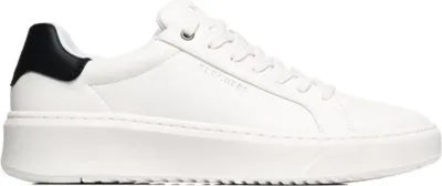 A white Skechers sneaker with a black heel accent, shown from the side against a white background.